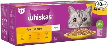 Whiskas 1+ Adult Poultry Selection in Jelly 40 Pouches, Adult Wet Cat Food, Megapack (40 x 85 g)