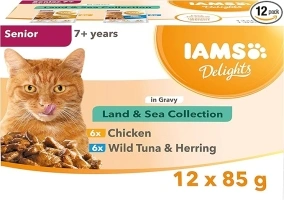 IAMS Delights Complete Wet Cat Food for Senior 7+ Cats Meat and Fish Variety in Gravy Multipack 12 x 85 g Pouches